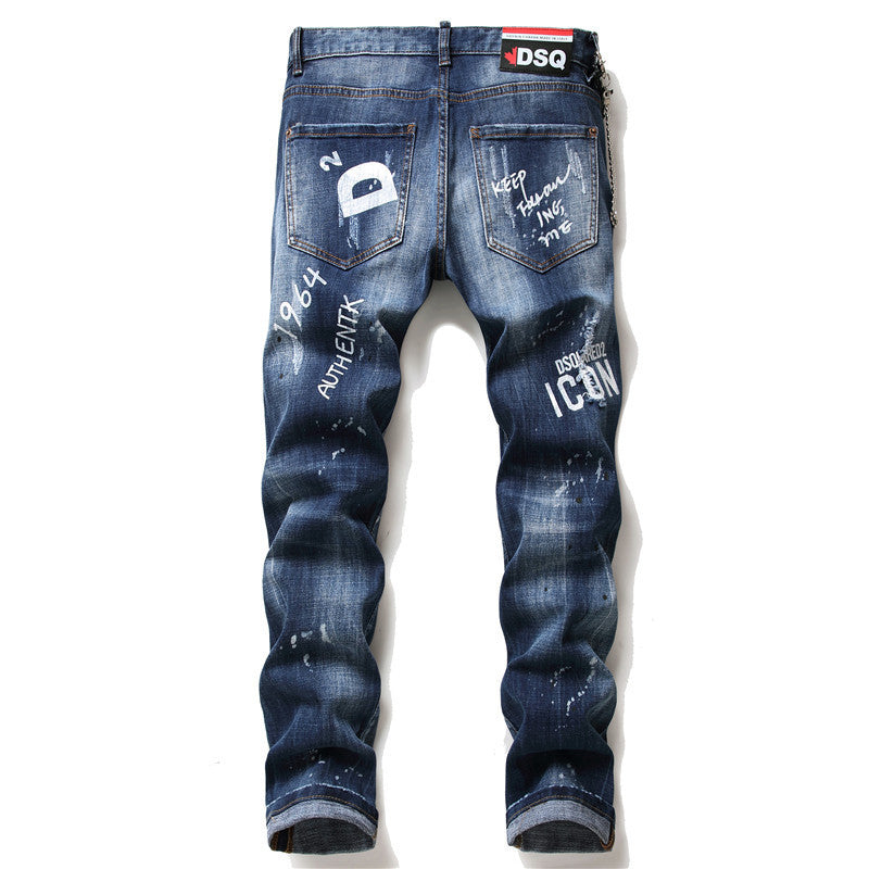 Pantalones vaqueros para hombre famosos D2, pantalones vaqueros ajustados para hombre, pantalones vaqueros con cremallera, pantalones pitillo con agujeros azules