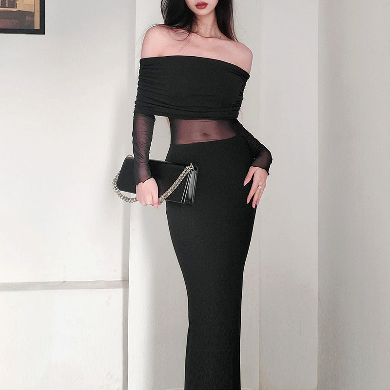 Vestido de poliéster de manga larga, plisado, con hombros descubiertos y sexy para mujer, de invierno