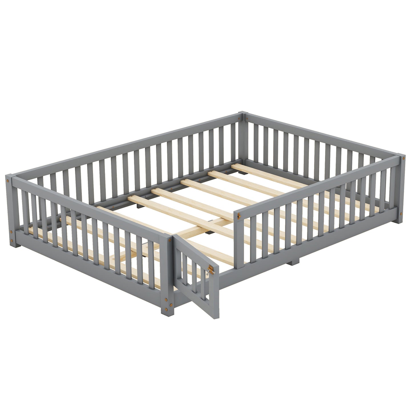 Cama de tamaño completo con barandillas de seguridad y puerta para niños, color gris