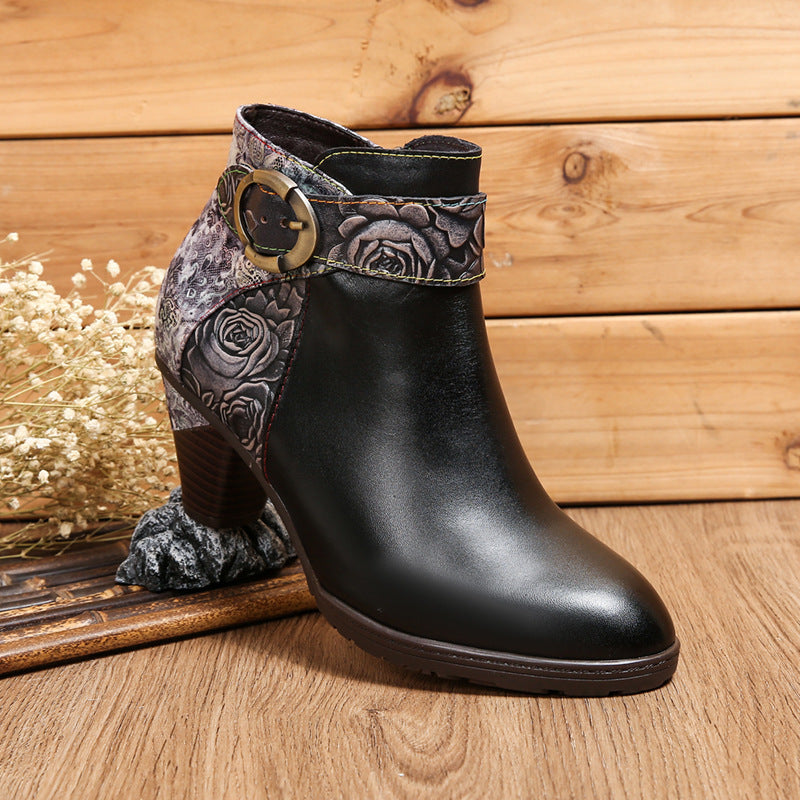 Botas de moda con hebilla de lazo de cuero con cremallera lateral Botas de tobillo Zapatos de tacón medio para mujer