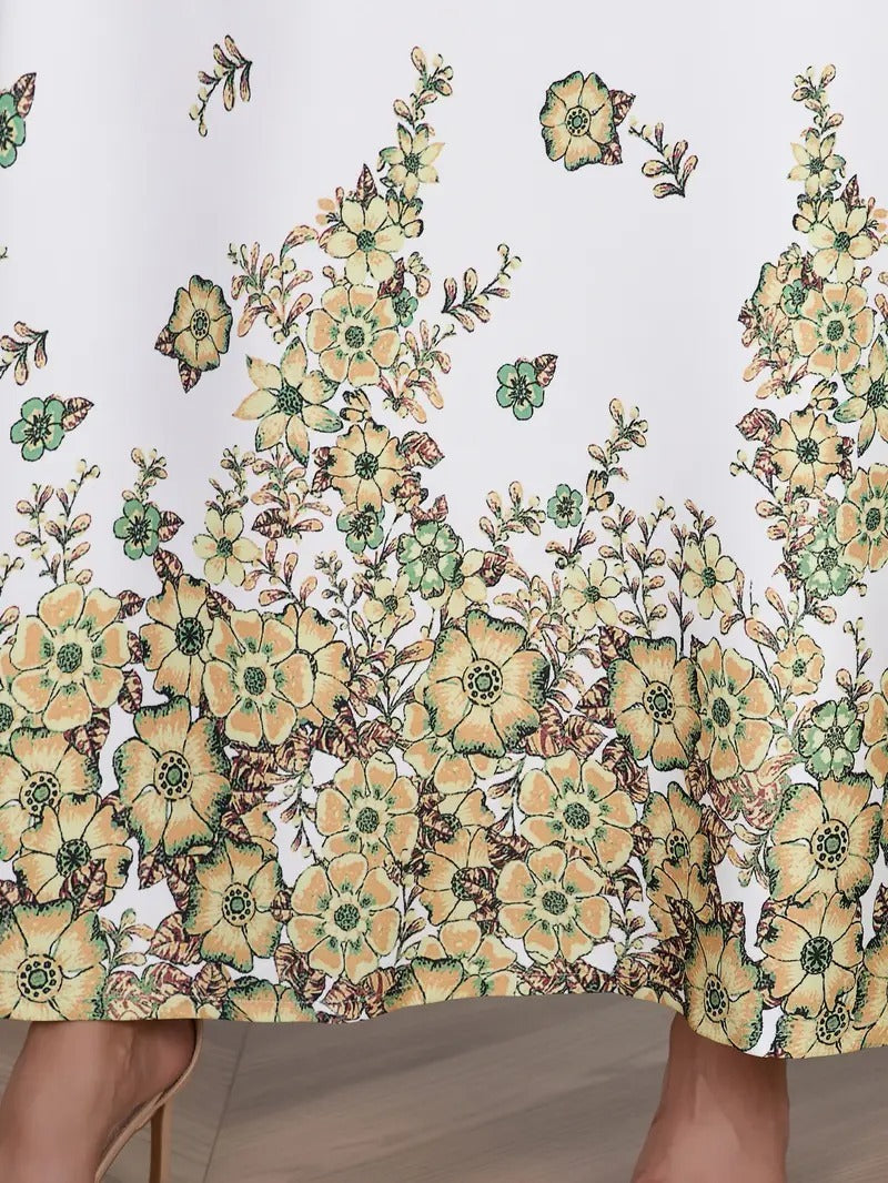 Elegante vestido de noche con flores y diamantes - Vestido largo de mujer con cuello redondo y manga larga
