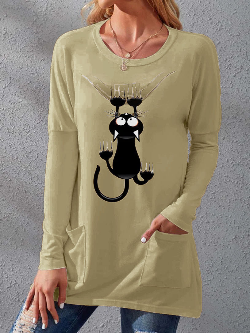 Women's Pocket Round Neck T-shirt Printed Loose Long Sleeve Dress