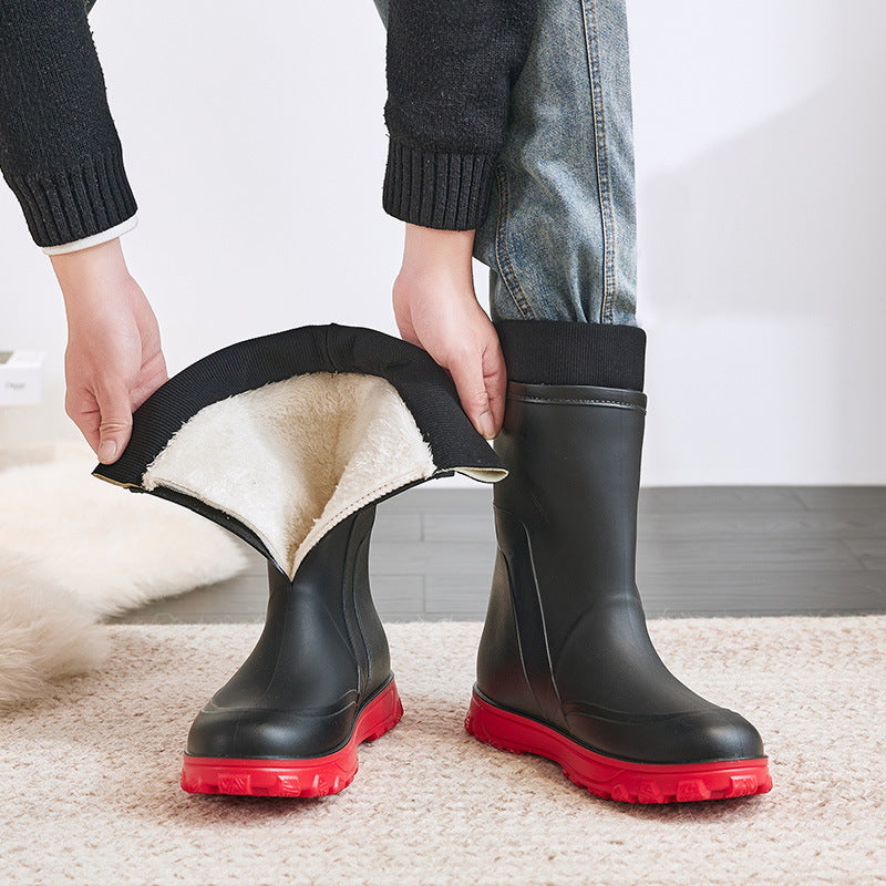 Botas de lluvia térmicas para hombre, tubo medio alto de algodón fijo