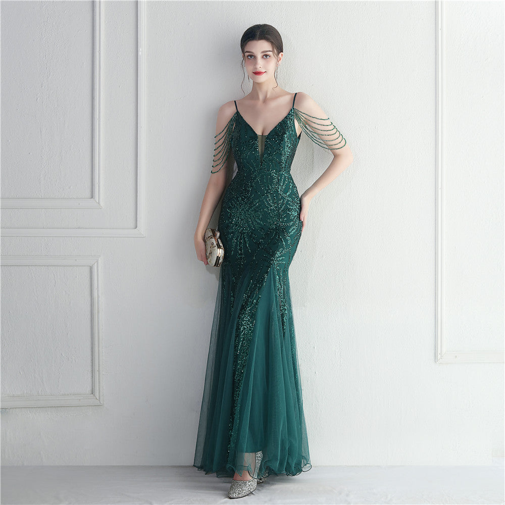 Vestido de noche largo camisola de malla con cuentas para novias y cenas de boda