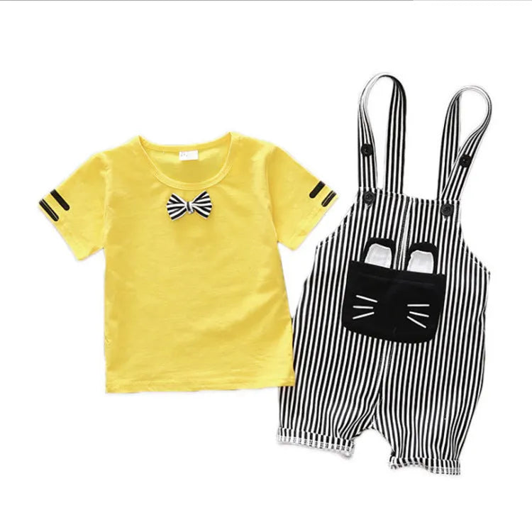 Directo de fábrica, ropa para niños guapos, traje coreano de dos piezas con correa de dibujos animados para bebés, traje de algodón de una generación A128