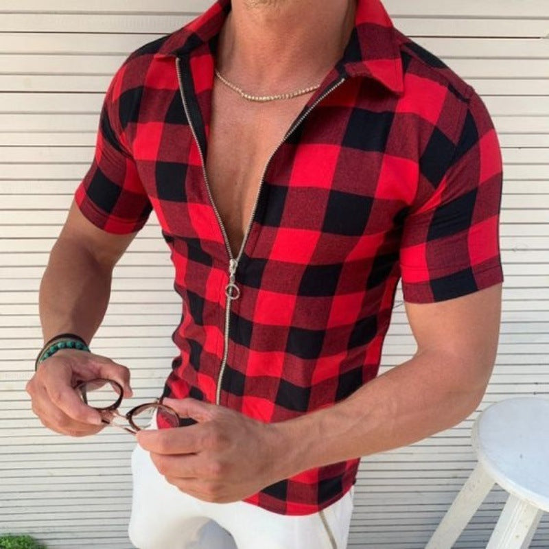 Camiseta a cuadros para hombre con cremallera camisas de manga corta ropa de verano para hombres