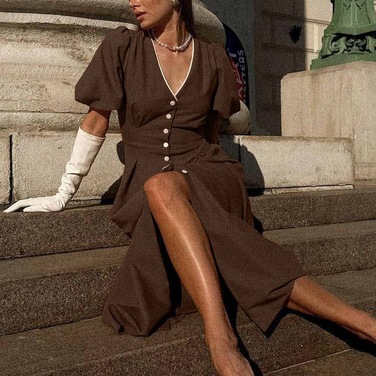 V-neck Puff Sleeve Single-breasted Dress