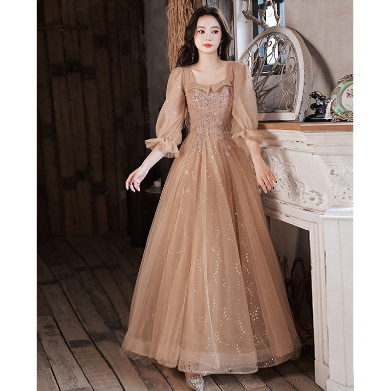 Vestido de noche para anfitriona de banquete, dama de honor, mangas largas