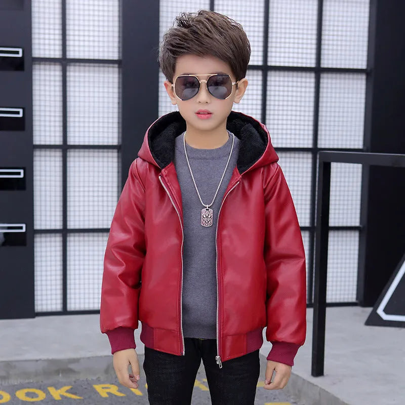 Chaqueta de cuero de PU Abrigo acolchado con capucha para niños