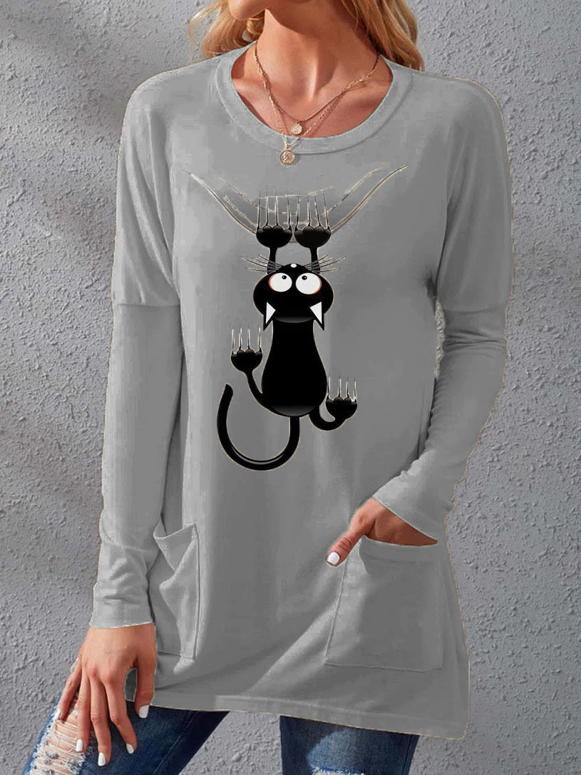 Women's Pocket Round Neck T-shirt Printed Loose Long Sleeve Dress