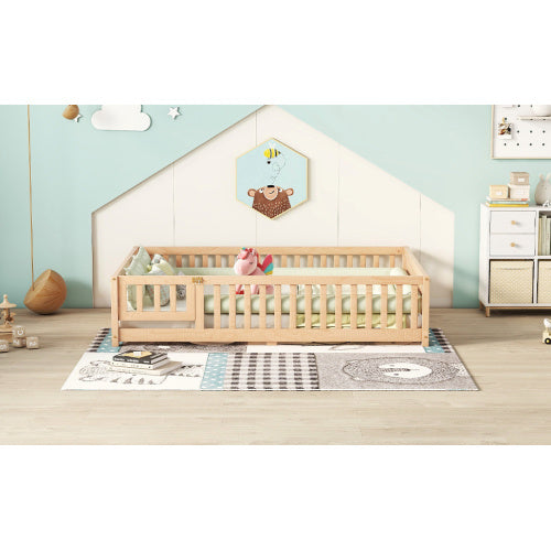 Cama de tamaño completo con barandillas de seguridad y puerta para niños, color natural