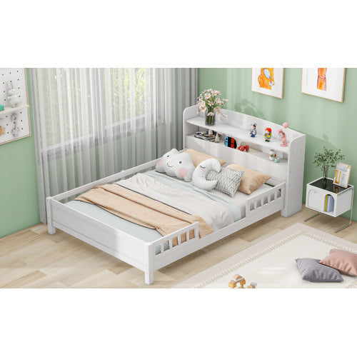 Cama de plataforma de madera tamaño completo con luz LED incorporada, cabecero con espacio de almacenamiento y barandilla, color blanco