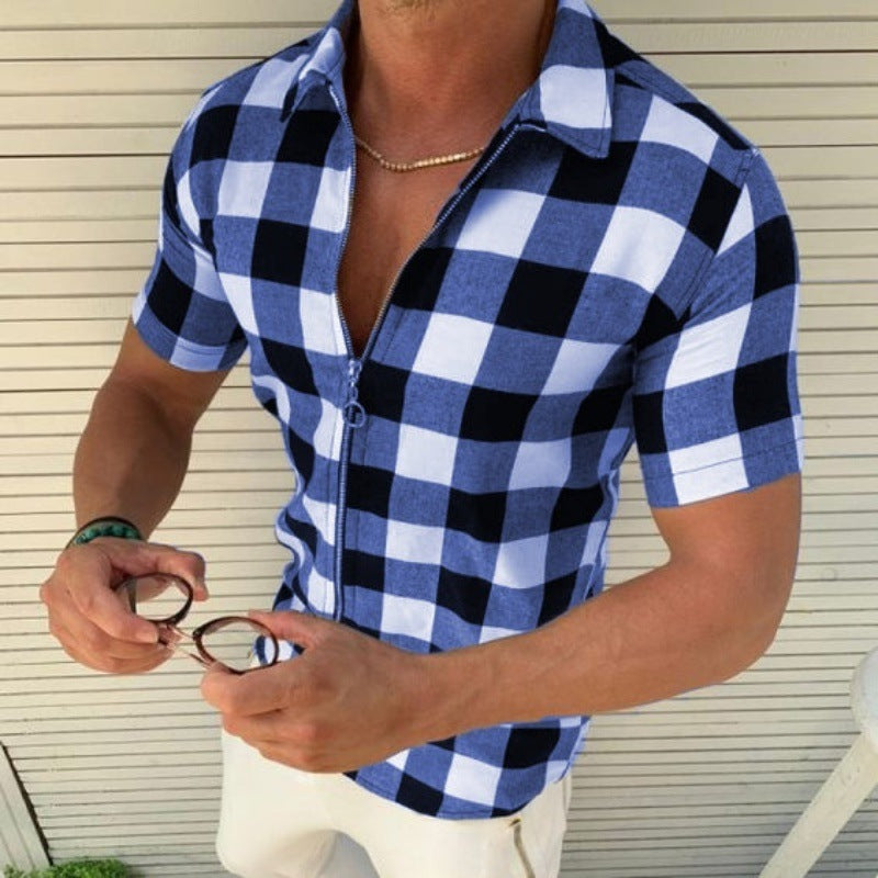 Camiseta a cuadros para hombre con cremallera camisas de manga corta ropa de verano para hombres