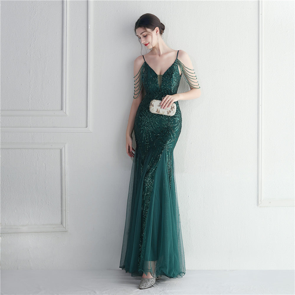Vestido de noche largo camisola de malla con cuentas para novias y cenas de boda