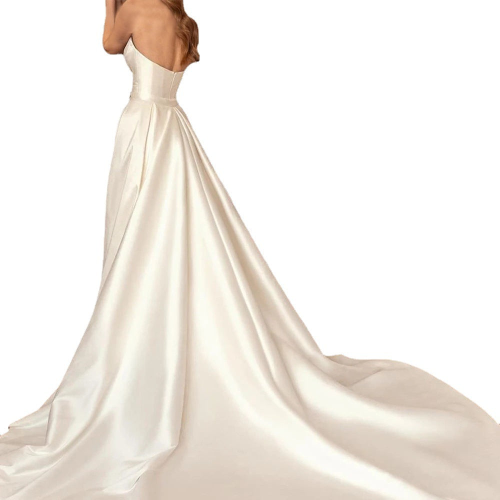 Vestido tubo de satén sexy sin espalda, cintura alta, adelgazante, con cola y desmontable en dos direcciones