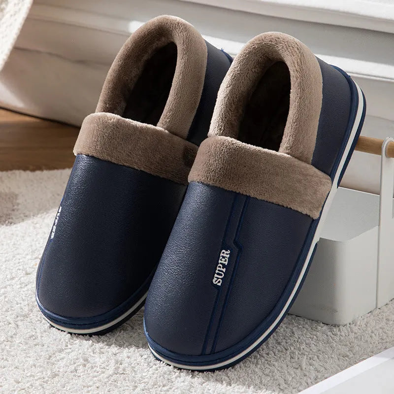 Zapatillas de cuero impermeables con fondo grueso, zapatos cálidos antideslizantes para interiores