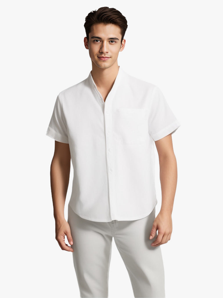 Camisa de solapa de manga corta de color liso, Top de algodón y lino transpirable de verano, ropa para hombre