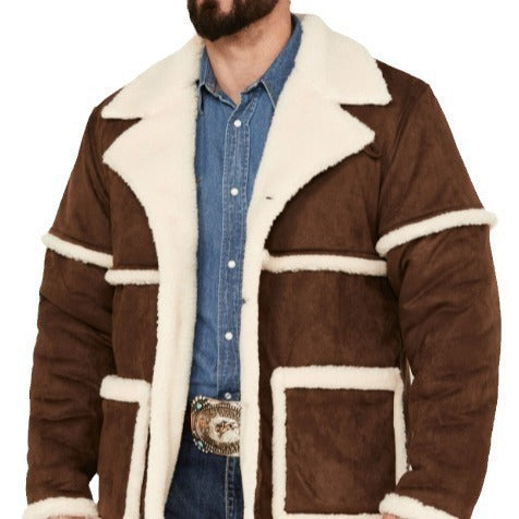 Chaqueta de forro polar dorada para hombre, abrigo grueso estilo británico con solapa de piel