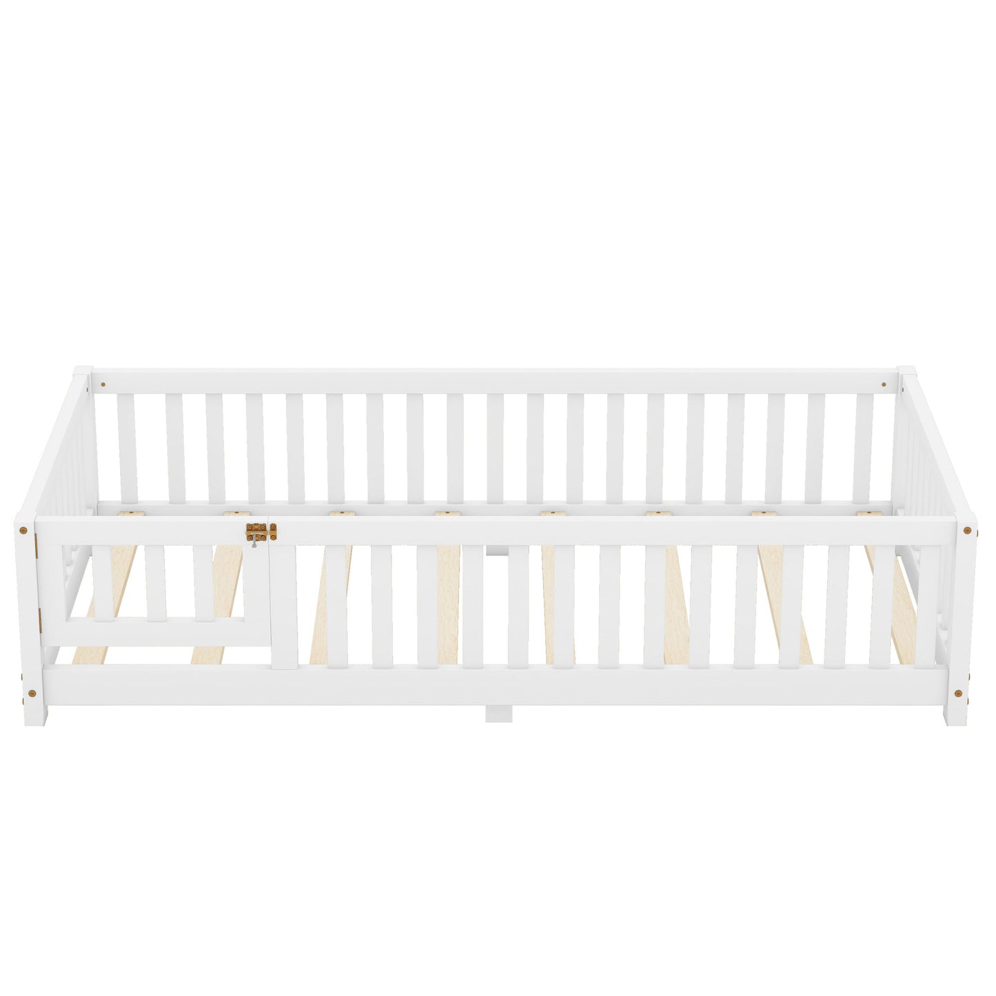 Twin Size Bed Floor Bed With Safety Guardrails And Door For Kids, White