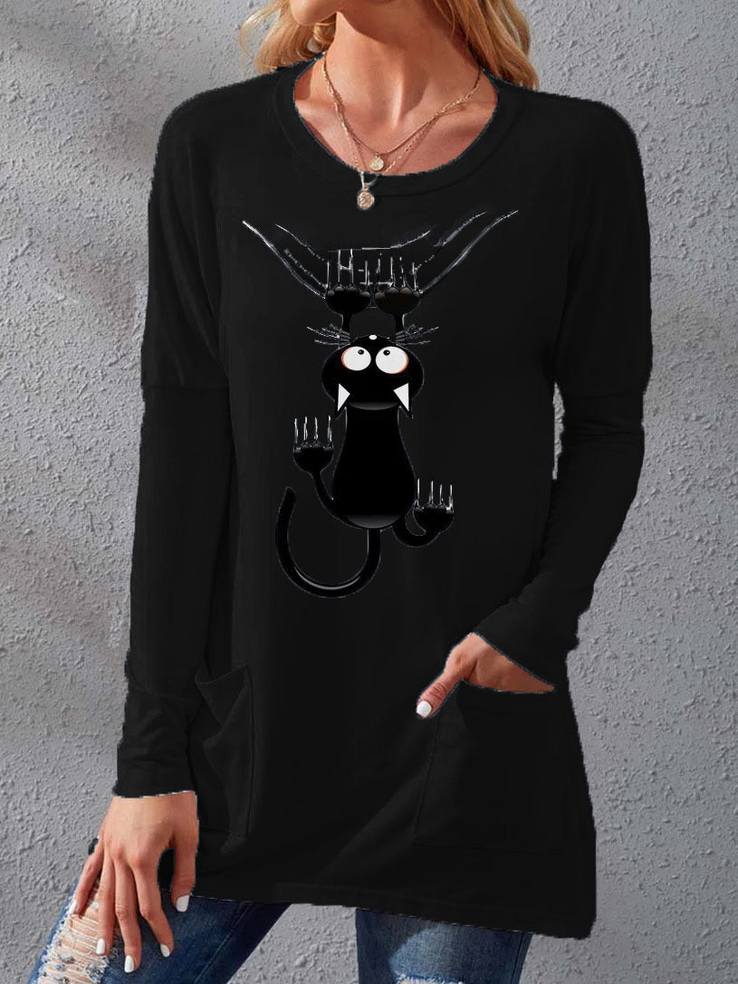 Women's Pocket Round Neck T-shirt Printed Loose Long Sleeve Dress