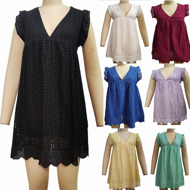 Vestidos de encaje con bolsillo Vestido de playa con cuello en V y recorte de jacquard sin mangas de verano