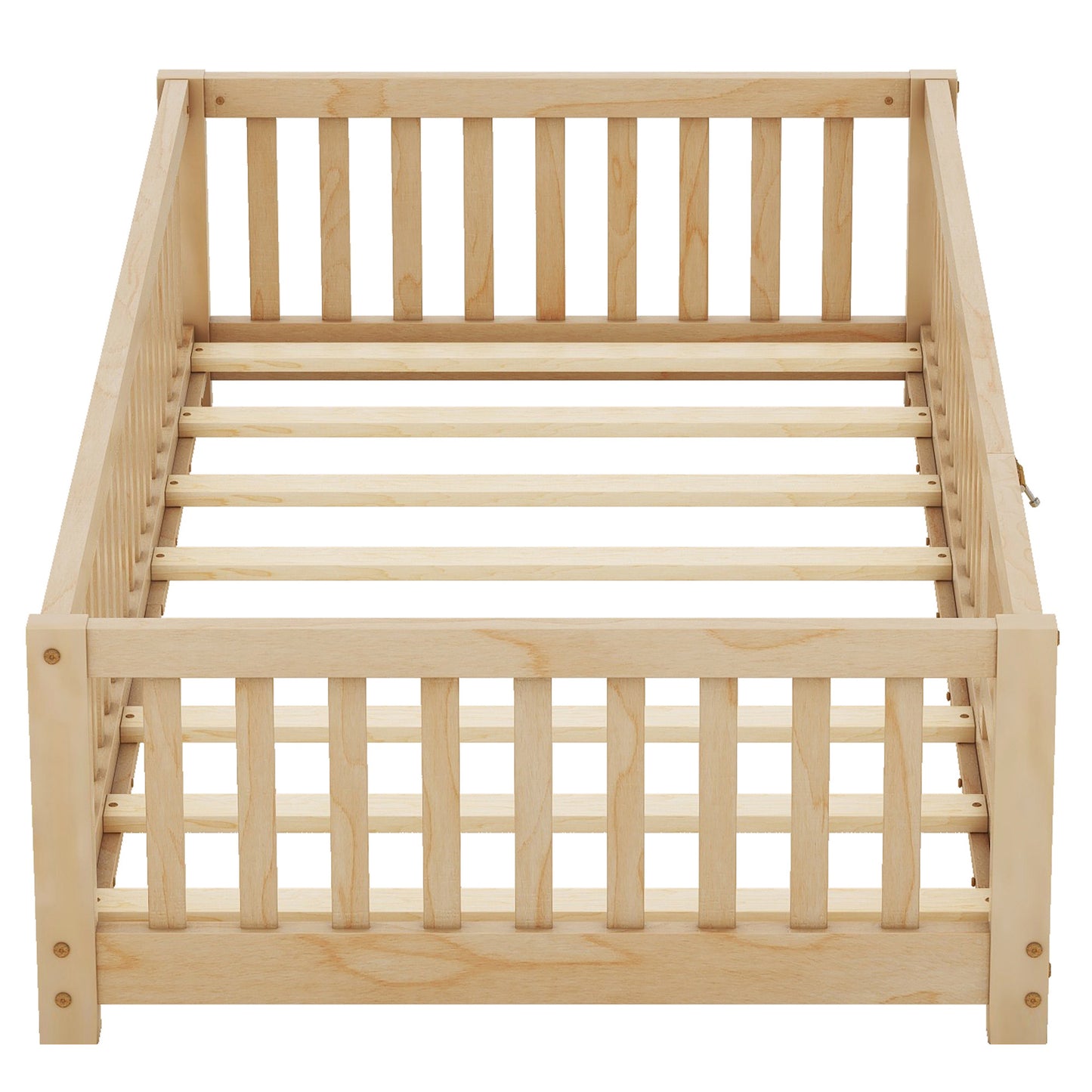 Twin Size Bed Floor Bed With Safety Guardrails And Door For Kids, Natural