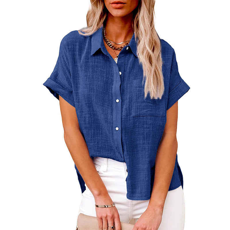 Camisa de manga corta con solapa de verano y bolsillos, moda informal, color liso, con botones, ropa para mujer