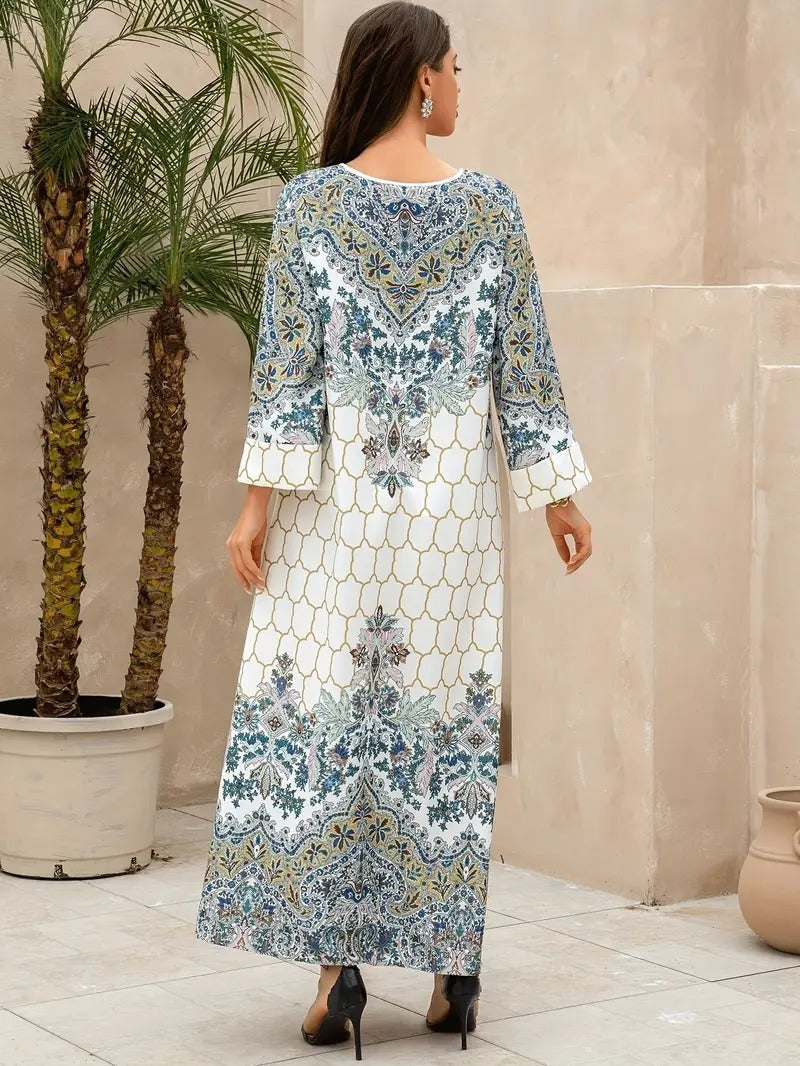 Abaya Yahua con estampado floral para mujer: vestido de manga larga y estilo regular