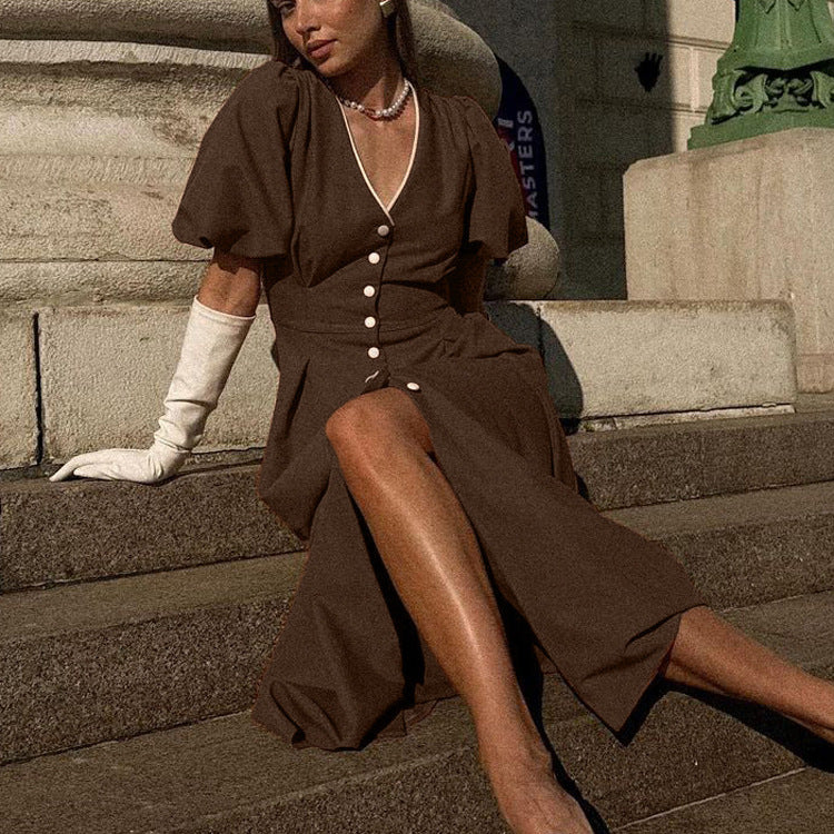 V-neck Puff Sleeve Single-breasted Dress