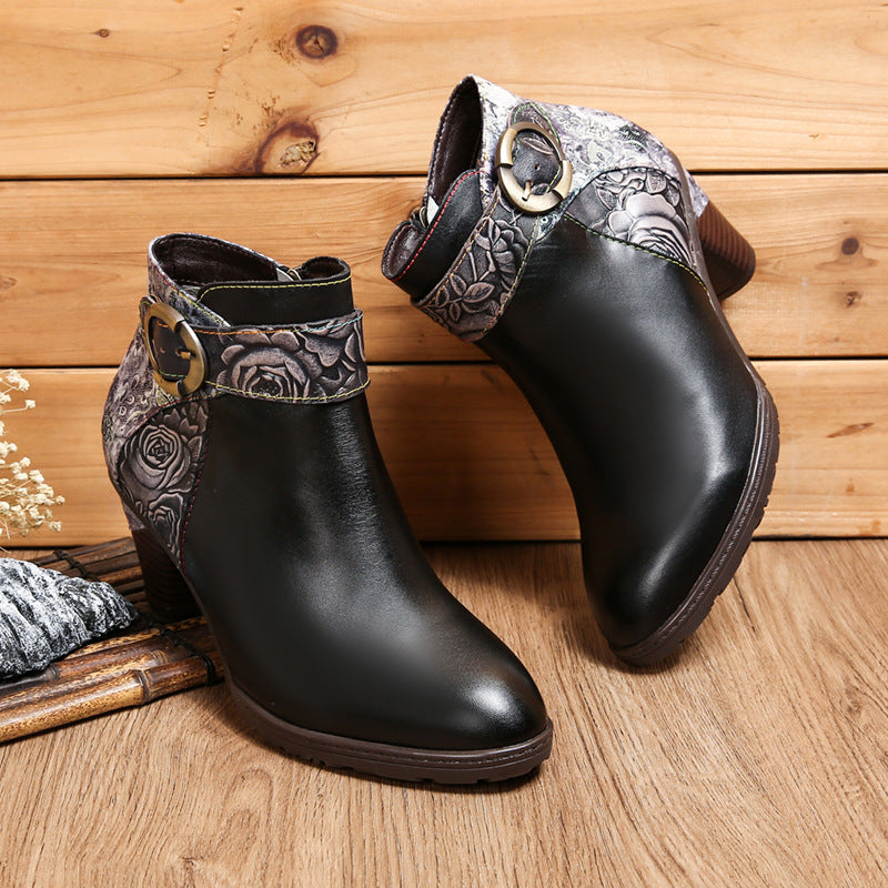 Botas de moda con hebilla de lazo de cuero con cremallera lateral Botas de tobillo Zapatos de tacón medio para mujer
