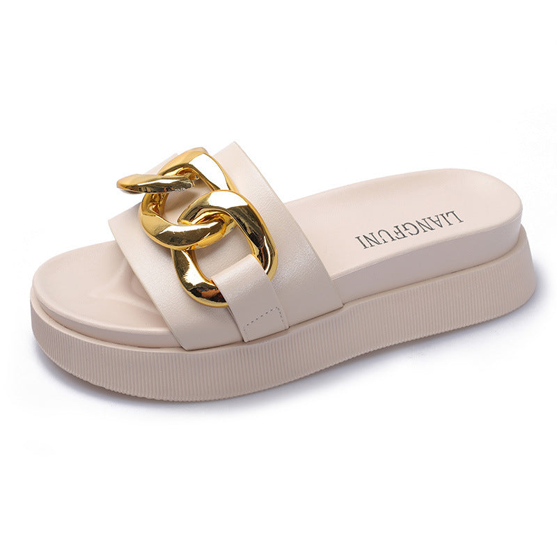 Summer New Style Metal Chain Flat-bottomed Lazy Beach Flip-flop Women