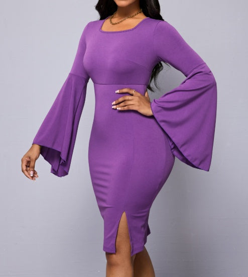 Vestido informal ajustado a la cadera con mangas de encaje de color liso para mujer