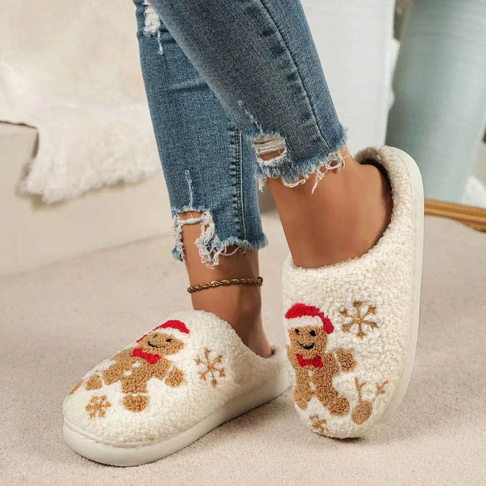 Zapatillas navideñas de pan de jengibre con copos de nieve para mujer, zapatos de casa peludos antideslizantes para interiores, para invierno