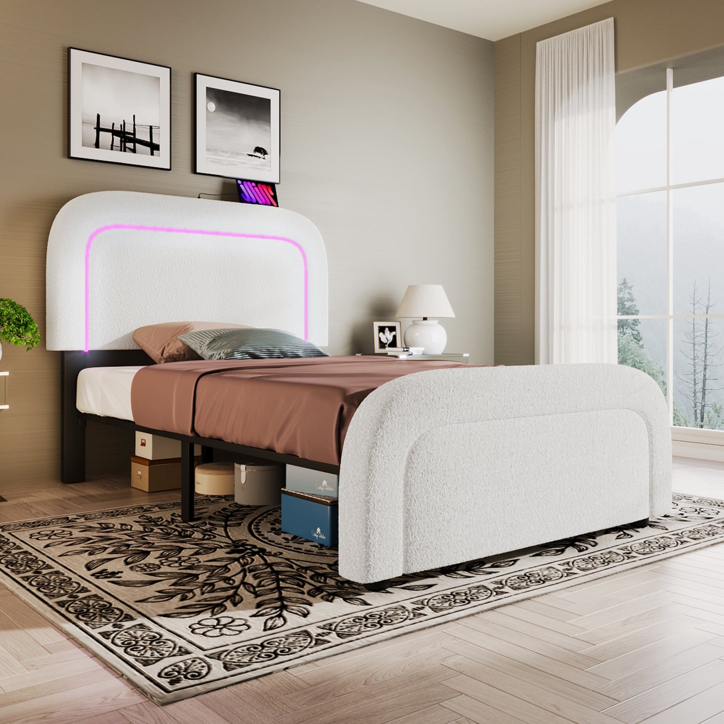 El marco de cama de madera tiene un colchón de 90 cm x 200 cm.