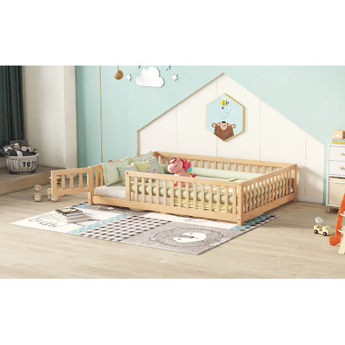 Cama de tamaño completo con barandillas de seguridad y puerta para niños, color natural