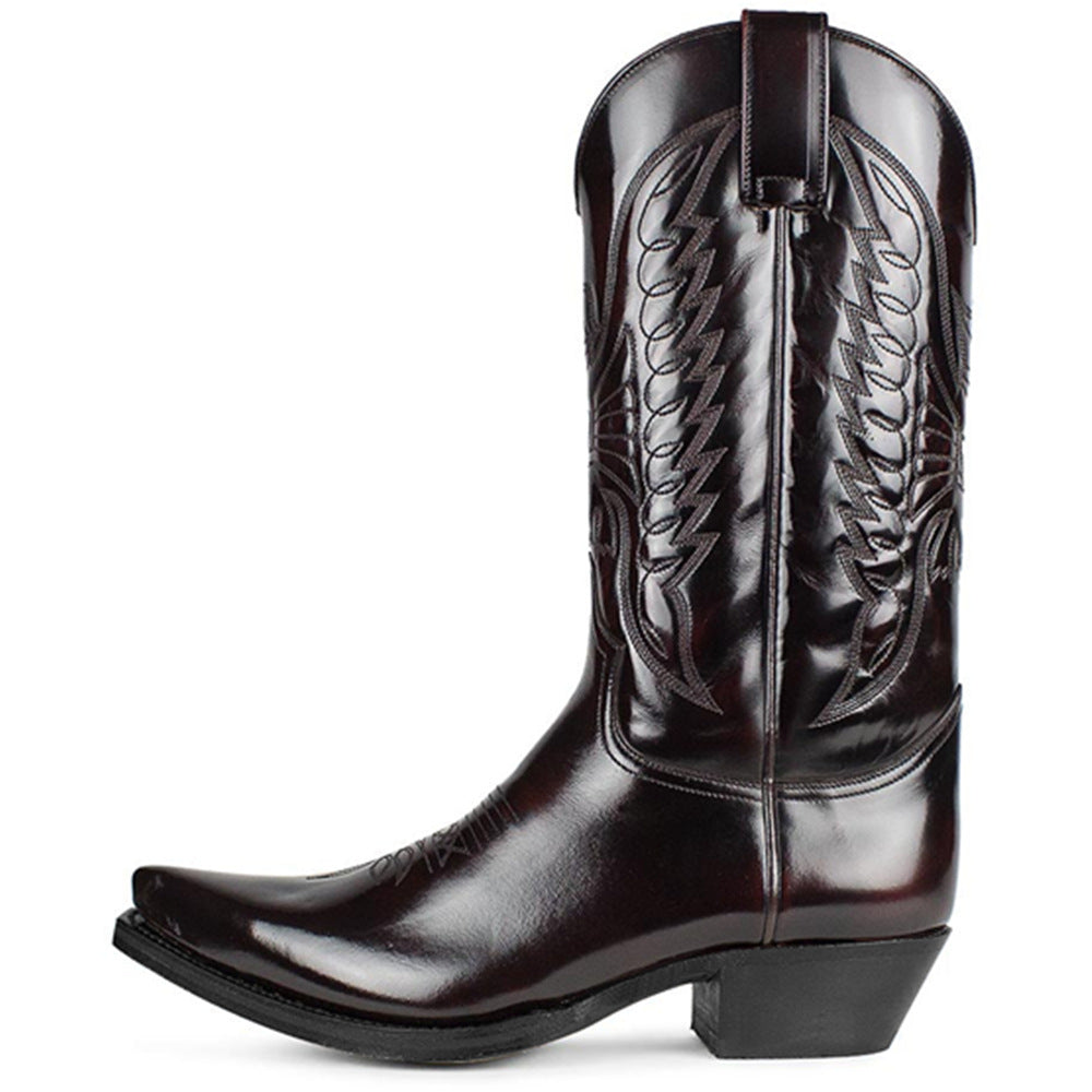 Bota de vaquero occidental de tacón alto puntiagudo bordada para hombres y mujeres europeos y americanos