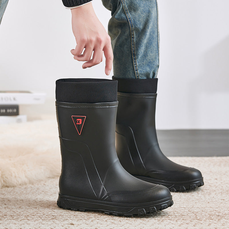 Botas de lluvia térmicas para hombre, tubo medio alto de algodón fijo