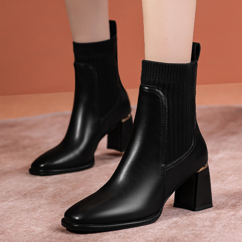 Zapatos de mujer retro de tubo medio con tacón grueso y punta redonda