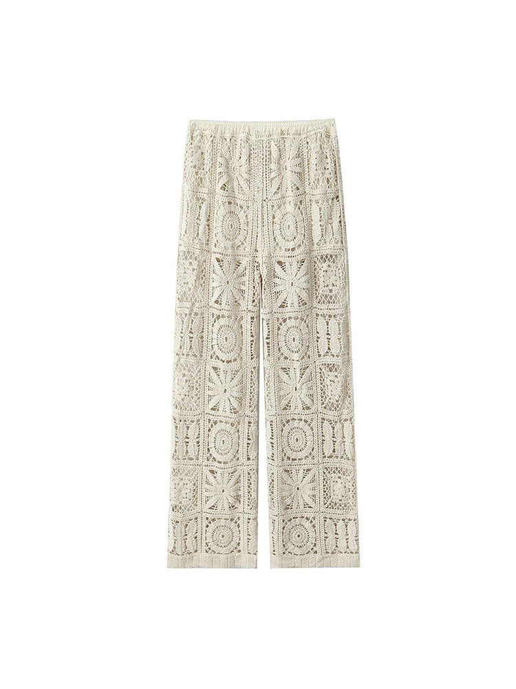 Women's Fashion Three-dimensional Hollow-out Crocheted V-neck Knitted Cardigan Wide-leg Lace Pants