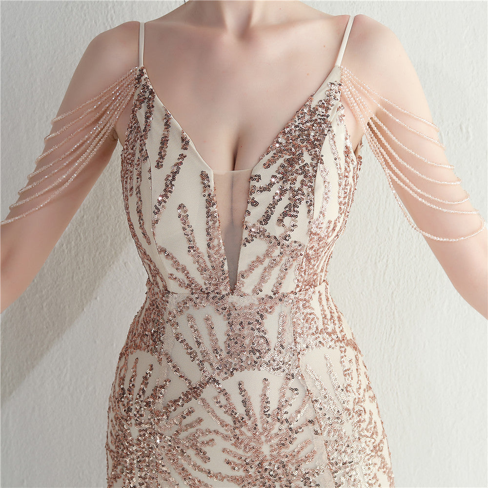 Vestido de noche largo camisola de malla con cuentas para novias y cenas de boda