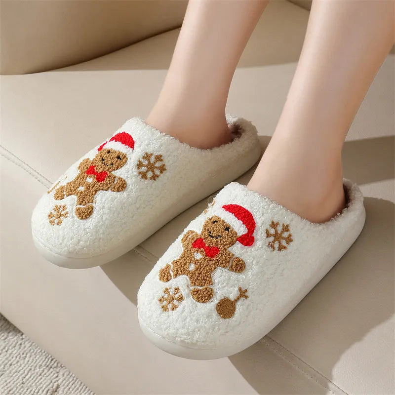 Zapatillas navideñas de pan de jengibre con copos de nieve para mujer, zapatos de casa peludos antideslizantes para interiores, para invierno