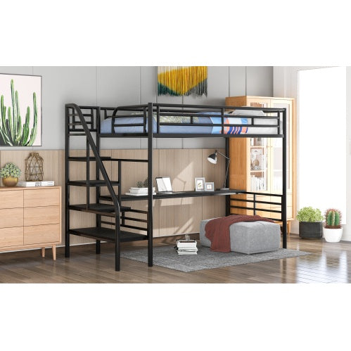 Cama alta de metal con escritorio, sin somier, tamaño individual, color negro