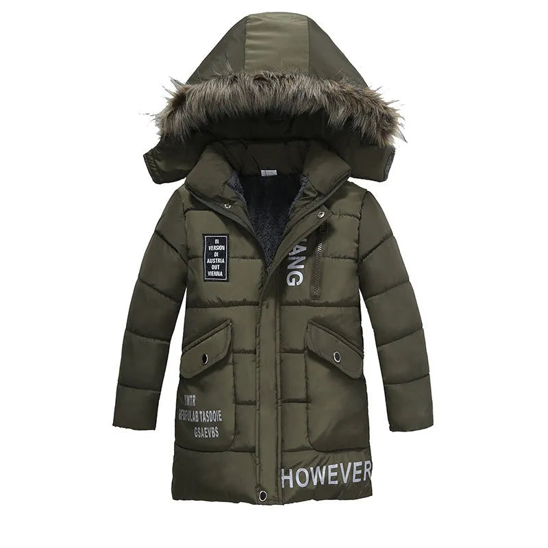 Chaqueta de algodón cálida acolchada con cuello de piel grande para niños