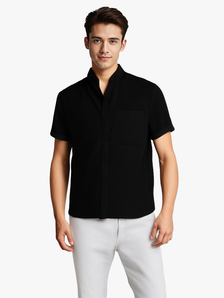 Camisa de solapa de manga corta de color liso, Top de algodón y lino transpirable de verano, ropa para hombre