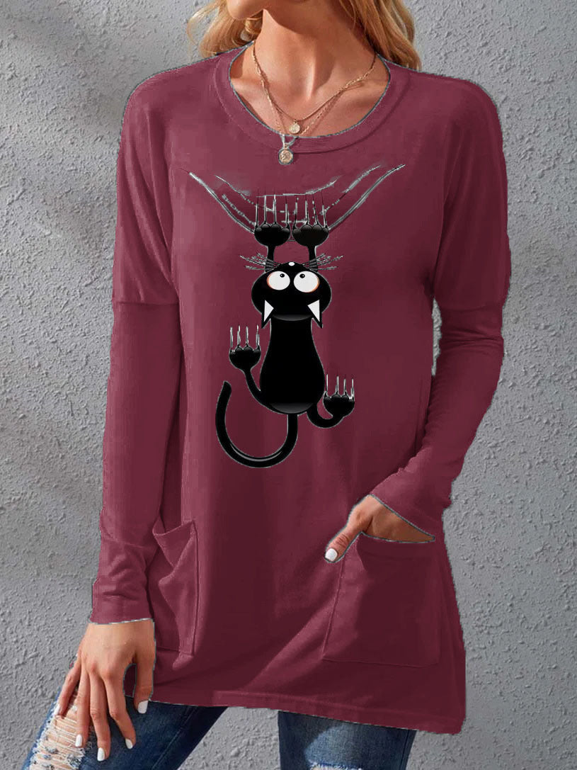 Women's Pocket Round Neck T-shirt Printed Loose Long Sleeve Dress