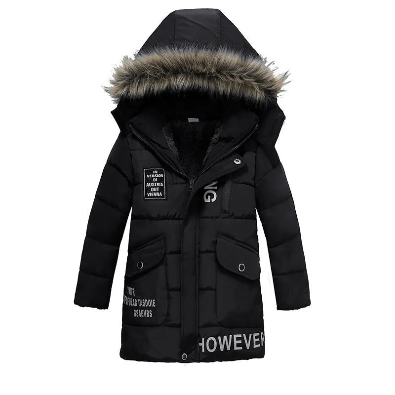 Chaqueta de algodón cálida acolchada con cuello de piel grande para niños