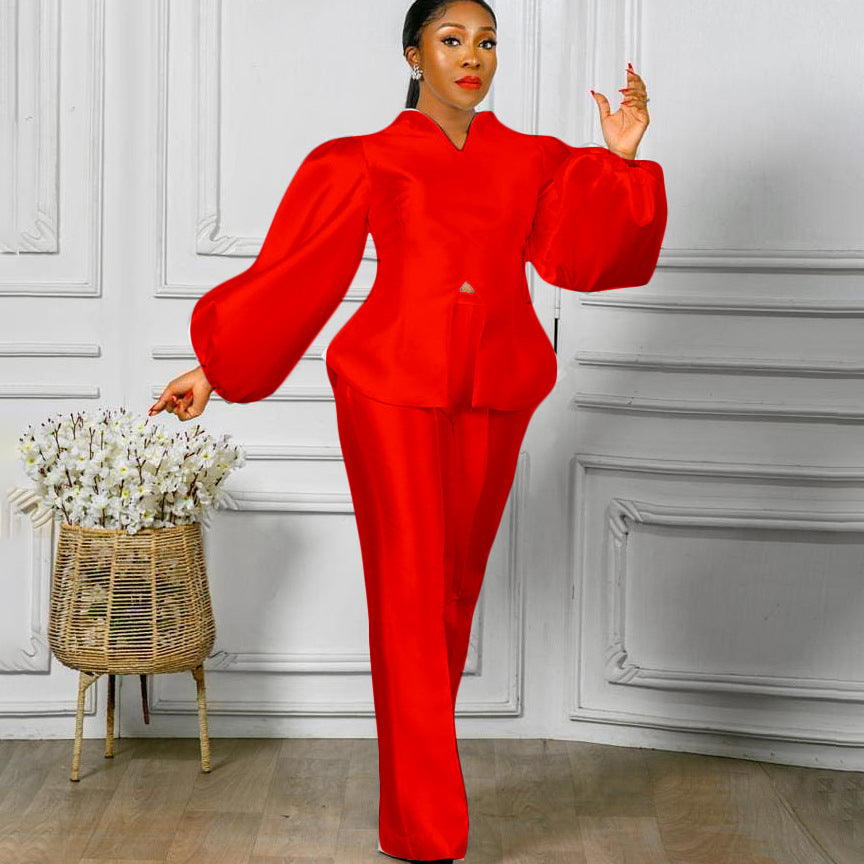 Women's Fashion Solid Color Puff Sleeve Top Wide Leg Pants Two-piece Set