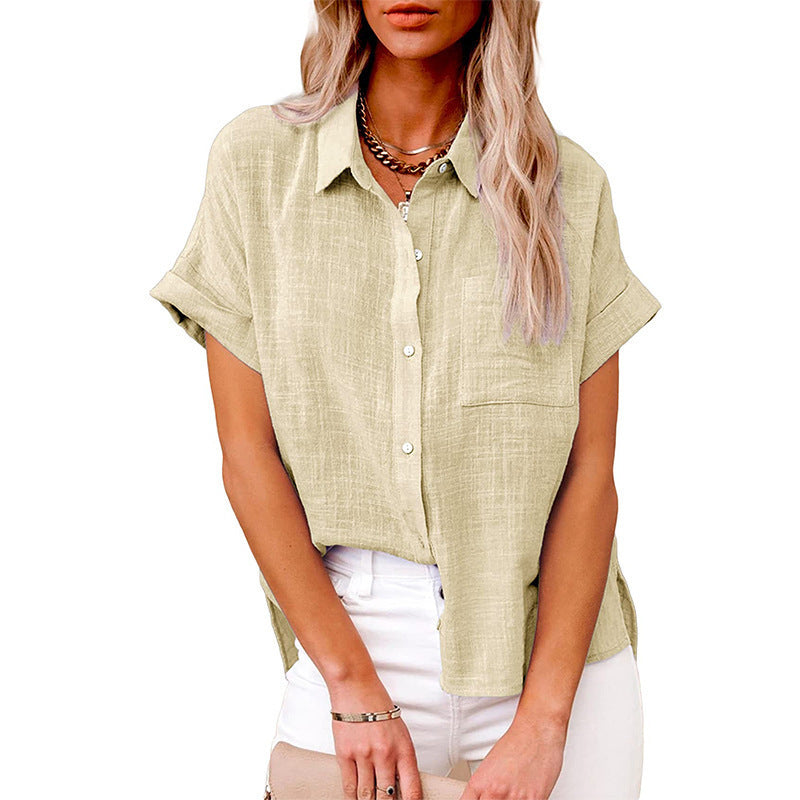 Camisa de manga corta con solapa de verano y bolsillos, moda informal, color liso, con botones, ropa para mujer