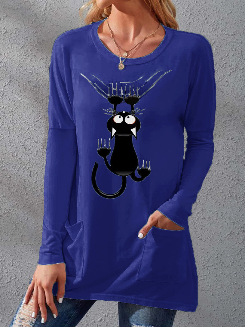 Women's Pocket Round Neck T-shirt Printed Loose Long Sleeve Dress
