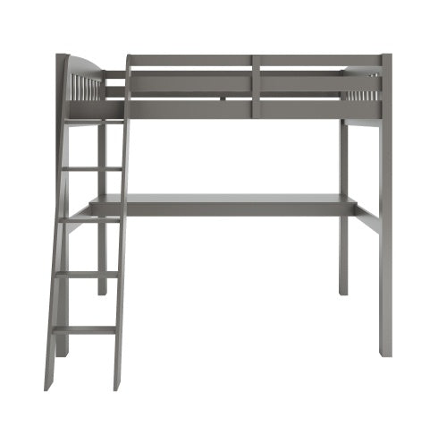 Cama alta Everest gris con escritorio y espacio de almacenamiento. Estructura de madera maciza resistente de tamaño completo con escaleras para niños pequeños. No necesita somier.